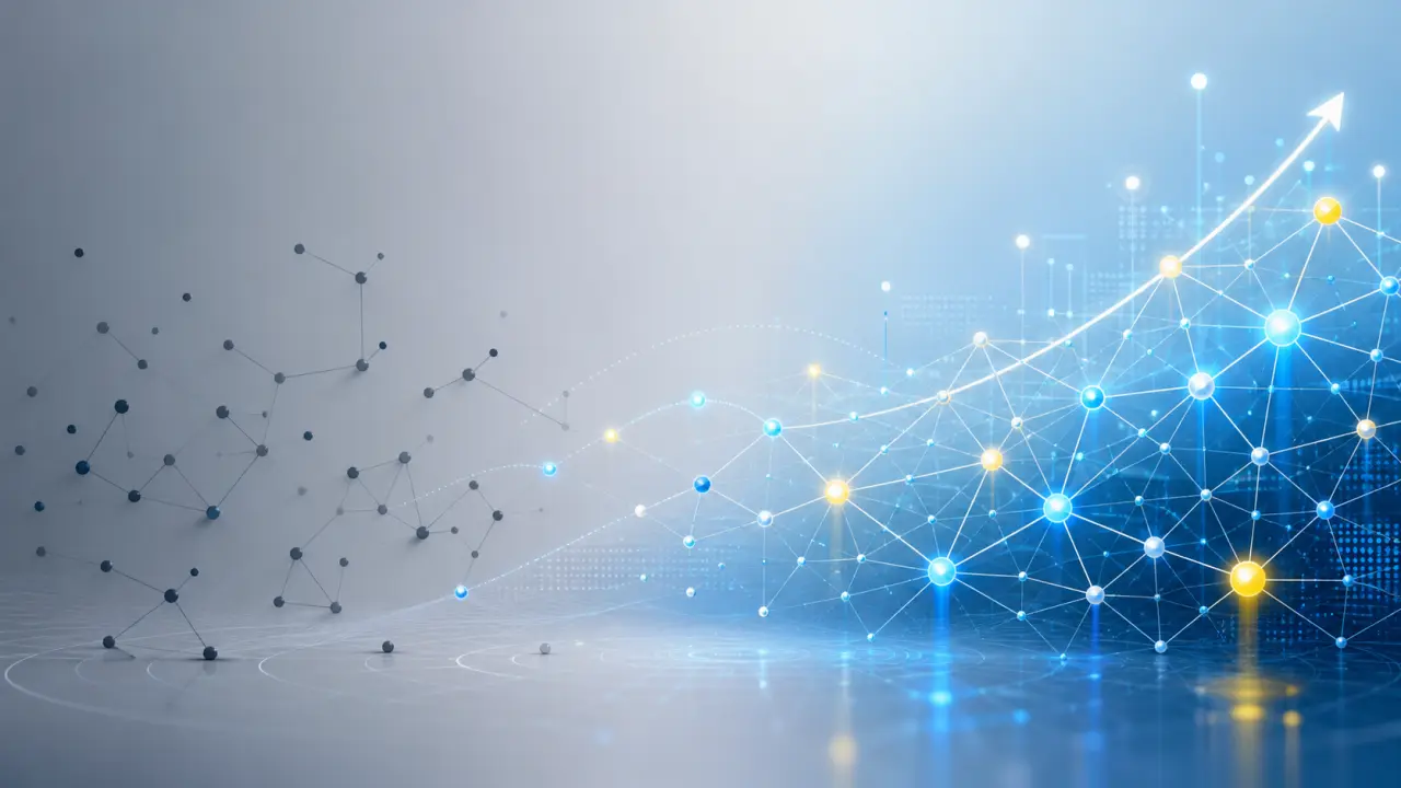 Représentation abstraite d'un graphe de réseau d'affaires avec nœuds lumineux et connexions élégantes